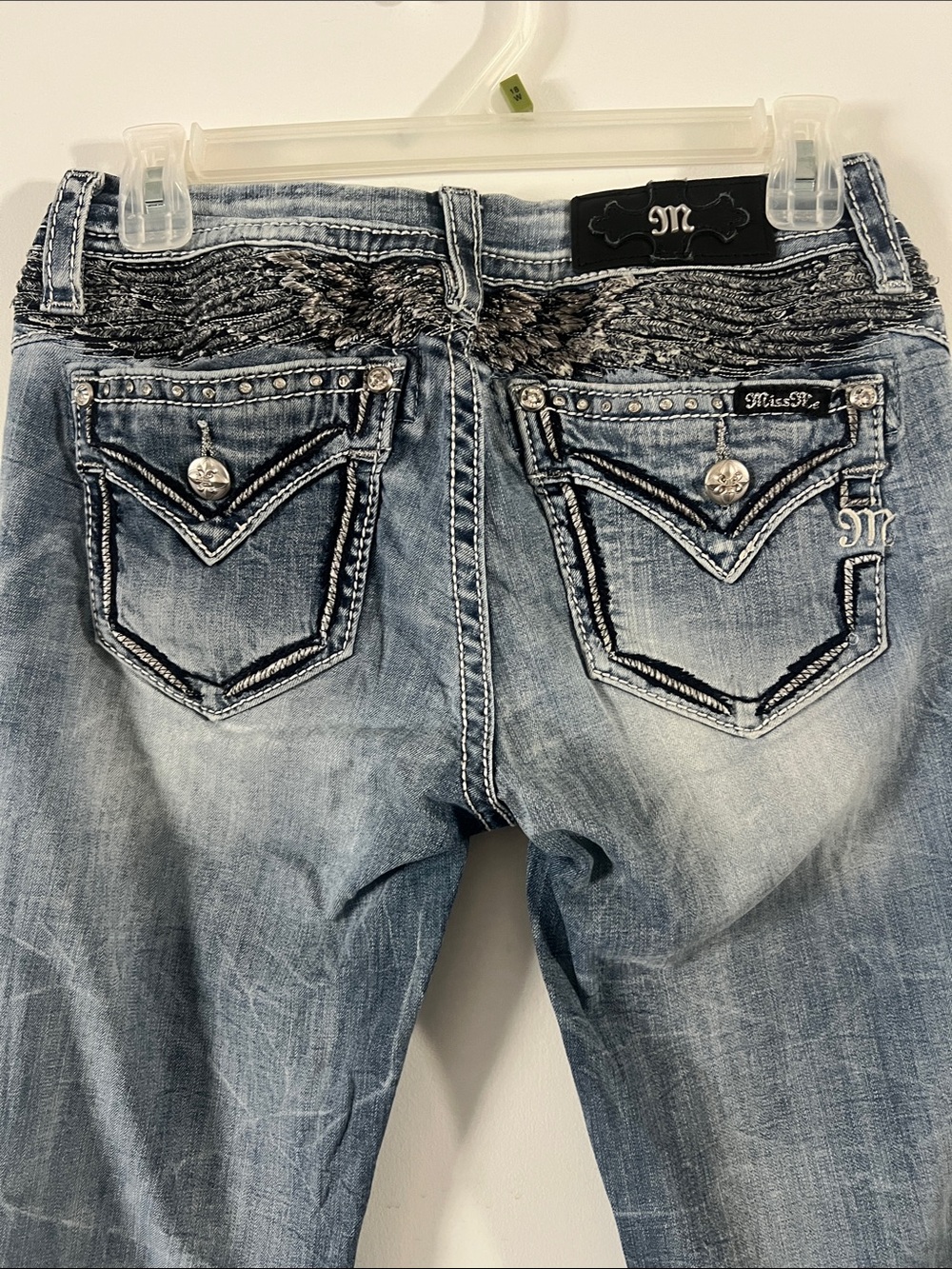 Miss Me Light Blue Distressed wing Embroidered top Back, straight leg Jeans